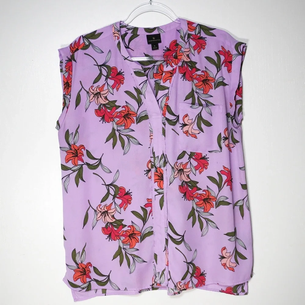 Worthington Floral Georgette L XL 1X Lilac Sleeveless Split Neck Blouse